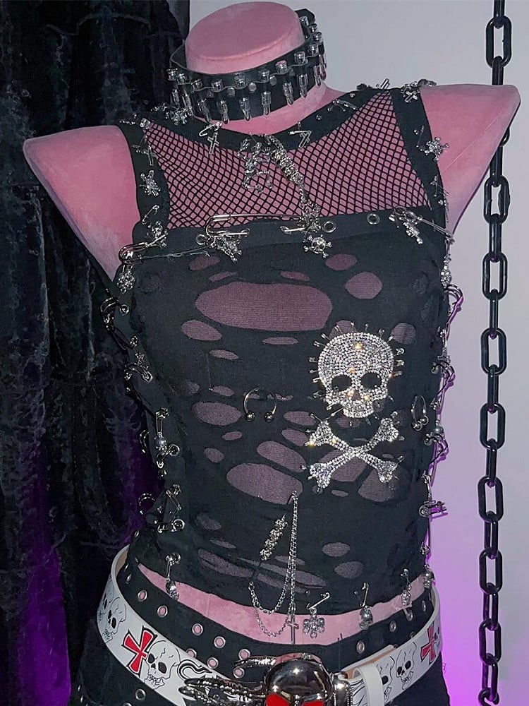 ディテールとラインストーンのノースリーブピントップスケルトンパンクブラックカットアウト装飾