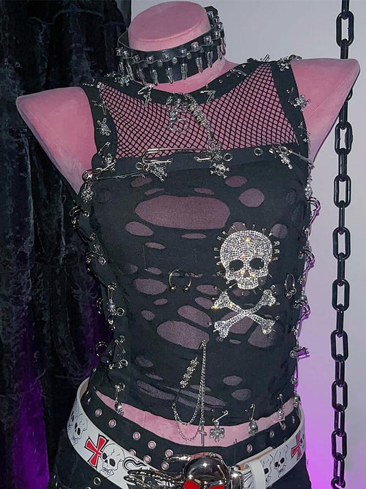 ディテールとラインストーンのノースリーブピントップスケルトンパンクブラックカットアウト装飾