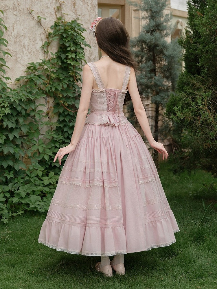 Pink Sleeveless Lace Top with Floral Belt and Skirt - Penny House