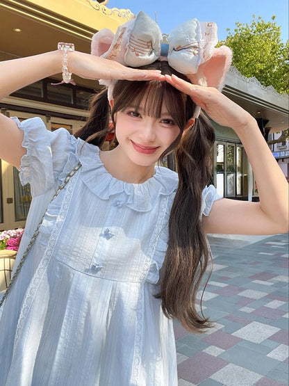 Kleid Hellblau Rüschenkragen Puffärmel Süß