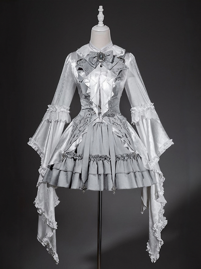 Grey Gothic Lolita Set Bell Sleeves Blouse with Corset Belt - Unknown Star