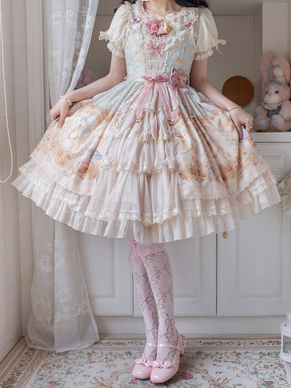 Light Print Jumper Sunflowers Sweet and Skirt Farm Green Lolita Ducks