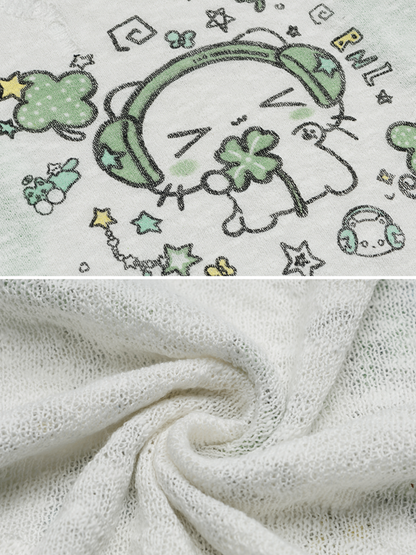 Knit Print with Distressed Semi-Sheer Kawaii Top Green Cat Holes and