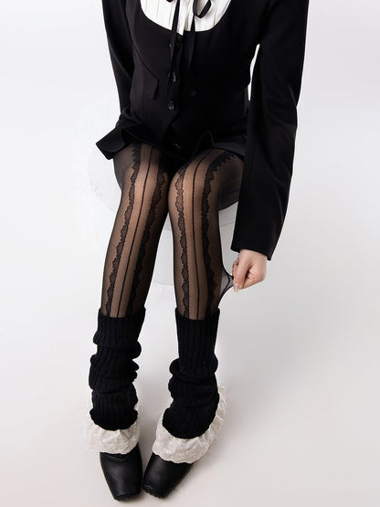 White/Black Pattern Tights Floral Creamy Vertical Striped