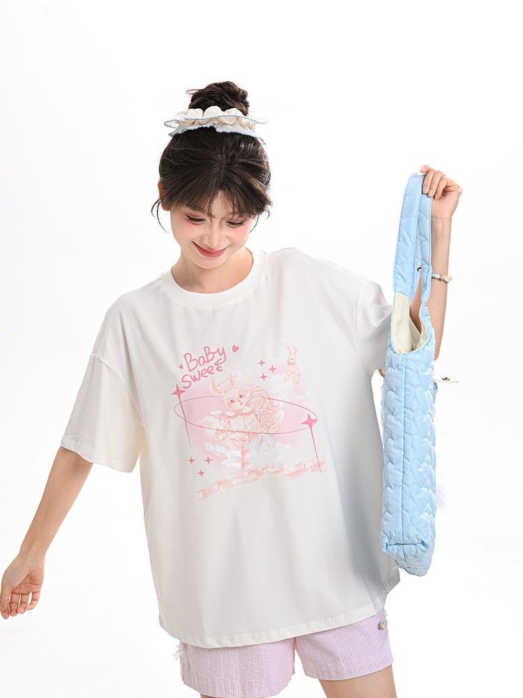 Pink Bunny Print White Round Neck Loose Sweet T-shirt