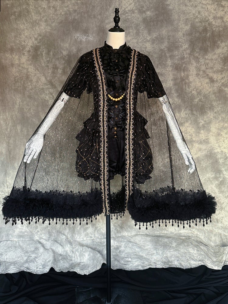 and Fringe Sheer Gold Tulle Black Beaded Cape Ouji with Lolita