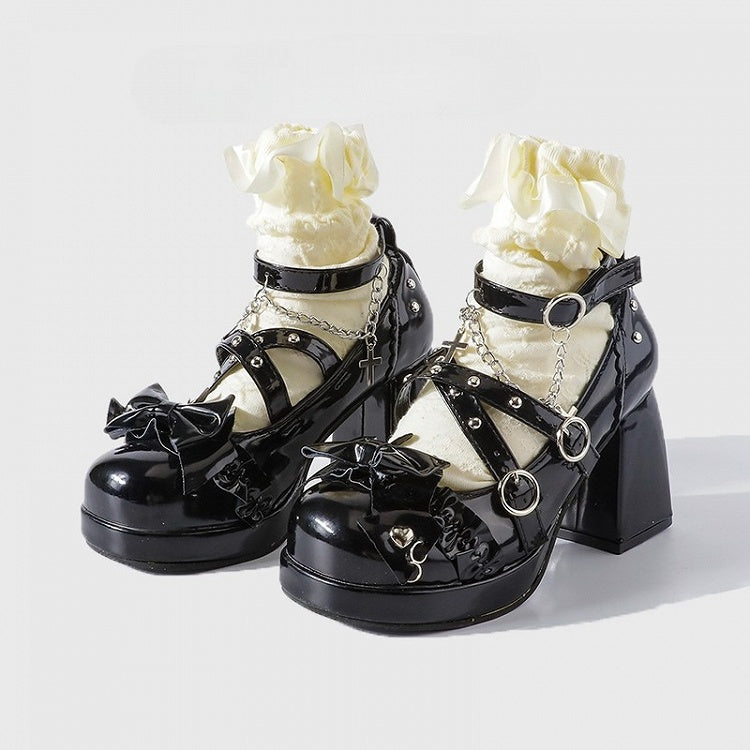 Janes Heel Block Black Chain Cross - Lolita Platform Gothic High Charm Mary