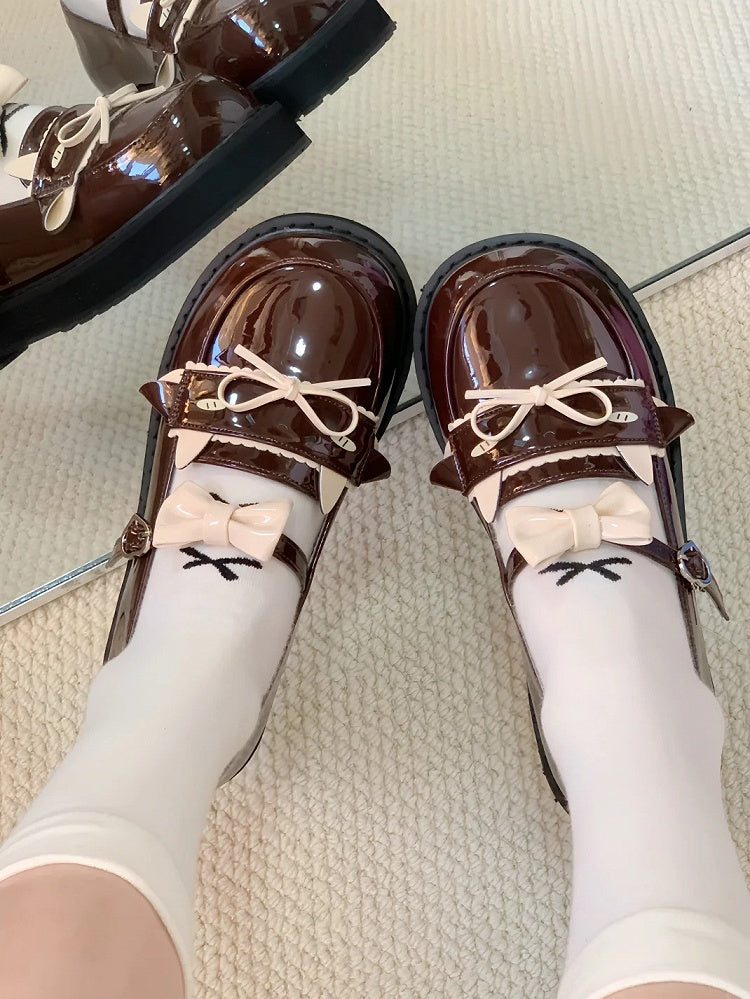 Low-heel with Brown PU Lamb Heart Dazed Buckle and Bow Details Shoes JK Cute