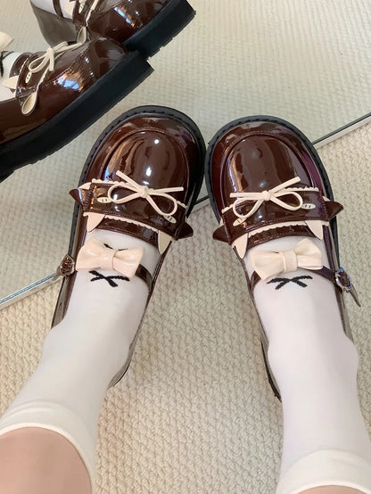 Low-heel with Brown PU Lamb Heart Dazed Buckle and Bow Details Shoes JK Cute