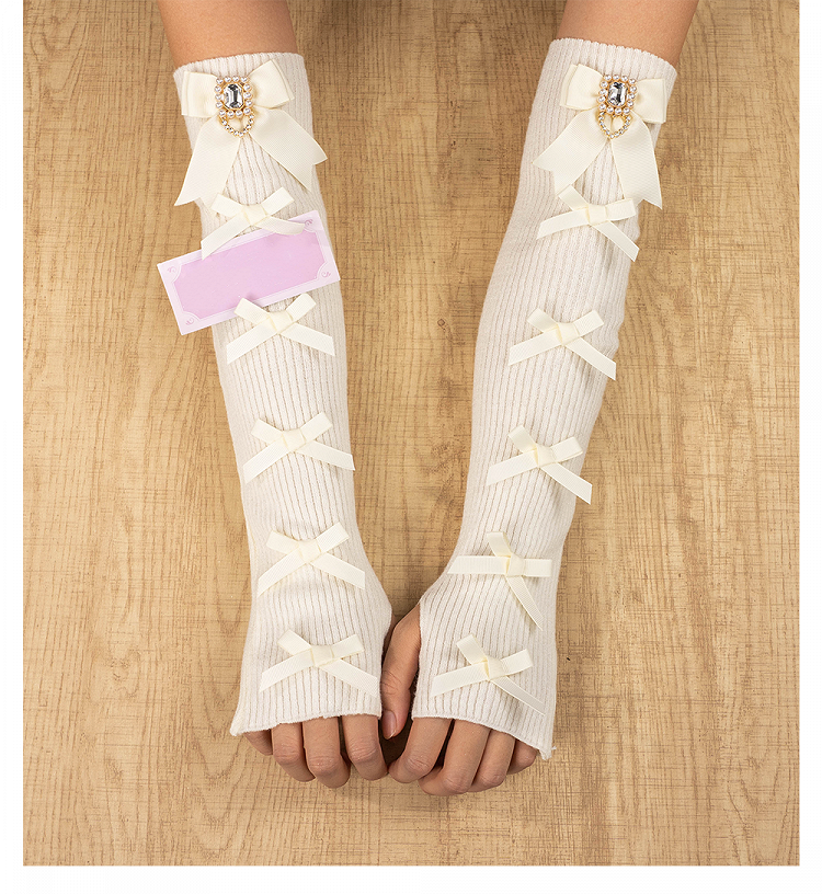 Jirai Gloves Square | Rhinestone Kei 4 Multiple Knit Fingerless Bows Colors