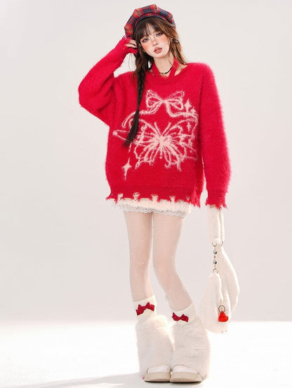 Rot/Grüne Schleife und Schmetterling Neckholder Mohair Weicher Pullover Distressed Trim