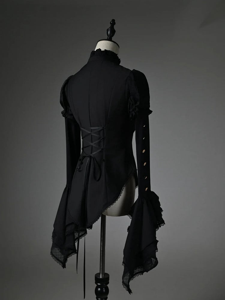Ärmel Rüschen High Shirt Lang Schwarz High-Low Neck Jabot Saum