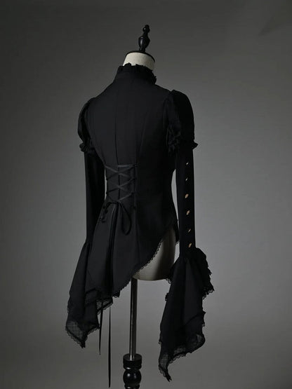 Sleeves Ruffled High Shirt Long Black High-low Neck Jabot Hem