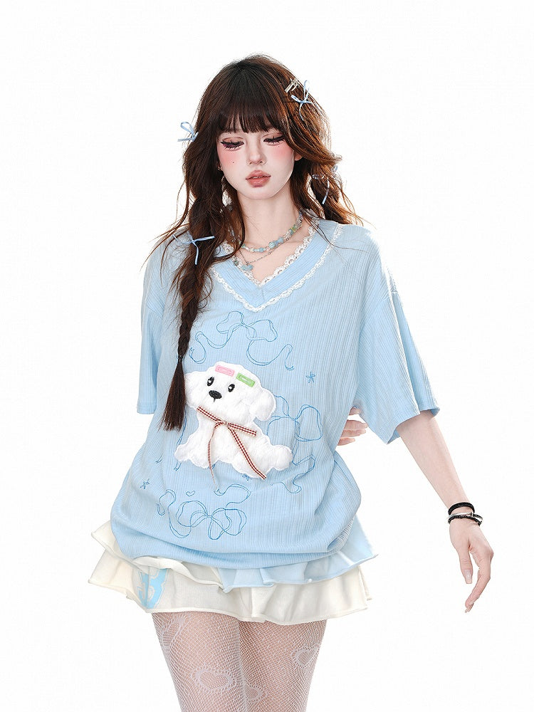 Loose Yume Adorable Puppy Pattern White/Blue T-Shirt Kawaii