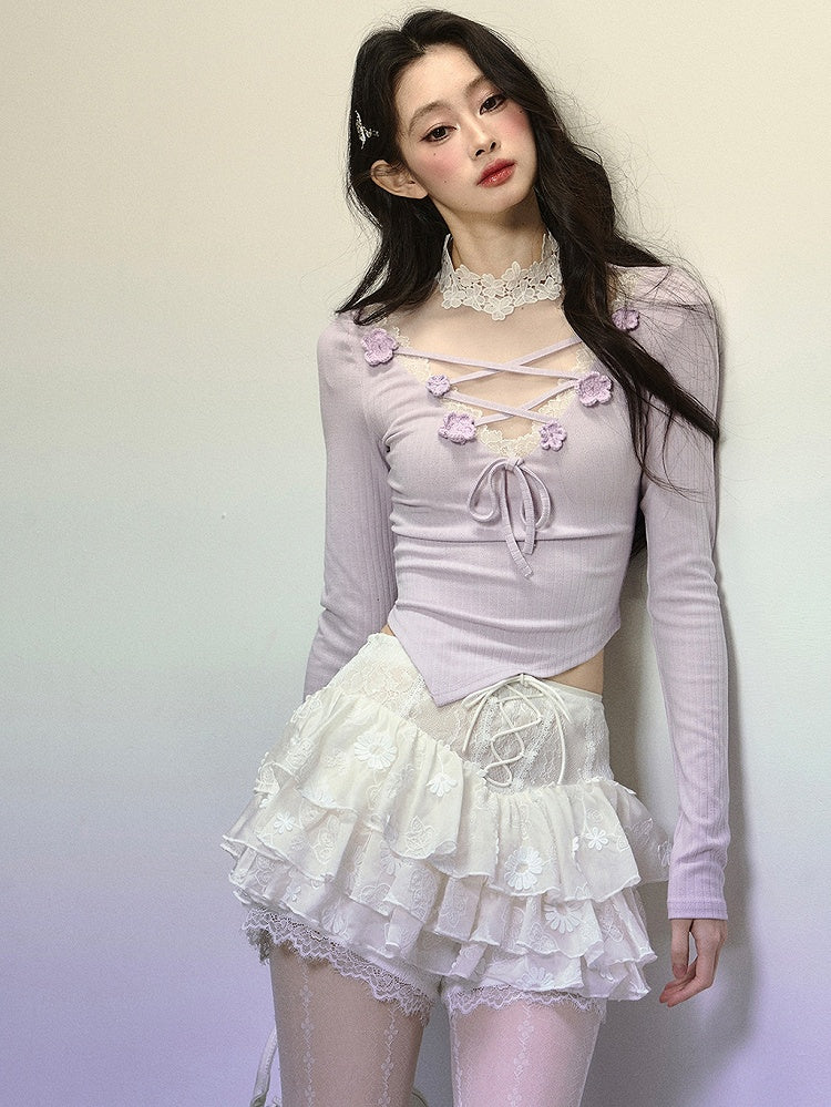 Lila Illusionsausschnitt Überkreuzte Träger Oberteil mit Blumenverzierung Asymmetrischer Saum