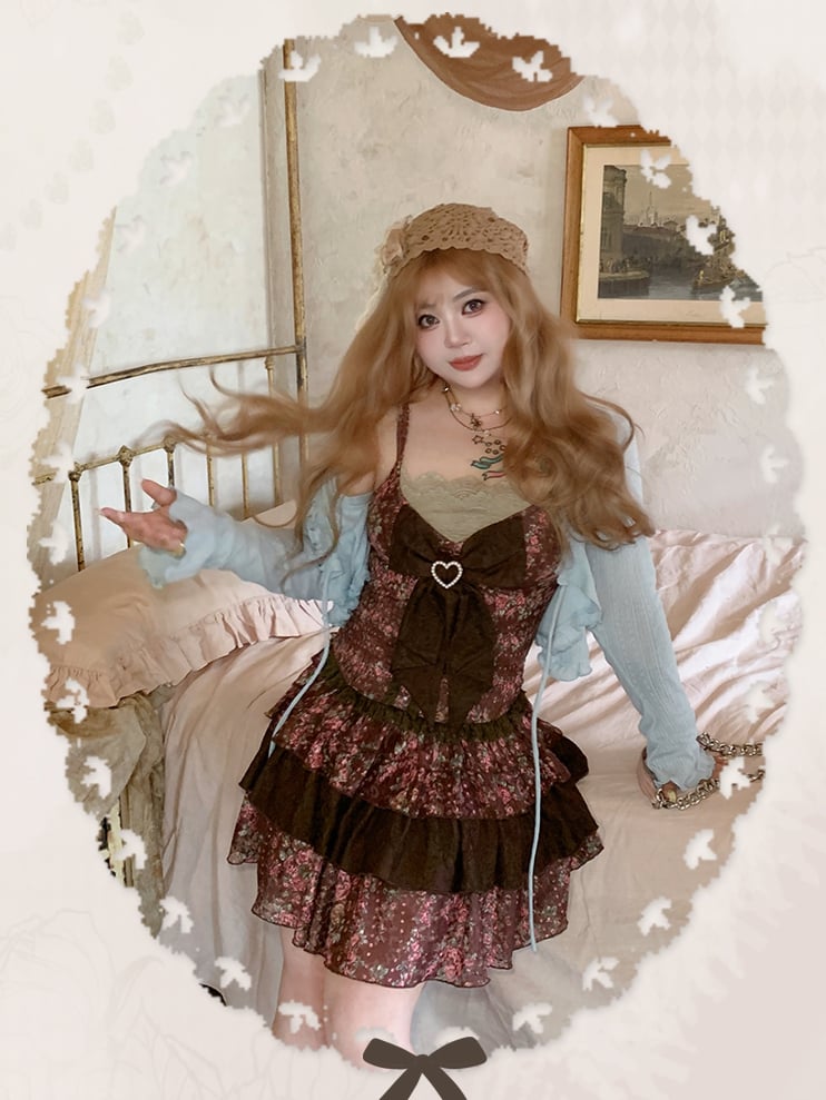 Top / Plus Size Braunes Slip-Kleid mit Blumendruck Mintgrün