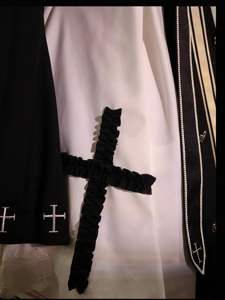 White and Black Cross Details Bell Sleeves Nun Lolita Dress