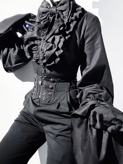 Gothic Black High Long Sleeves Ouji Poet Neck Lolita Ruffled Shirt