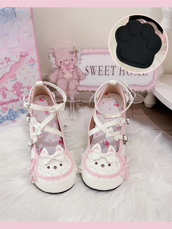 Decor in Shoes Leather White Sweet Mid-heel - Cat PU Lolita