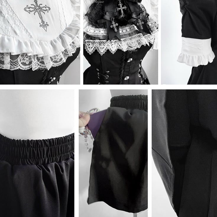 Kei Jirai – Komplett schwarzes Kleid mit Schleife am Ärmel, kurzes Lätzchen und abnehmbarem Set