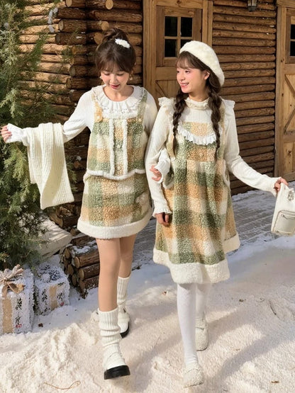 Green Floral Button Details Lace Trim Plaid Fleece Overall Dress with Pockets