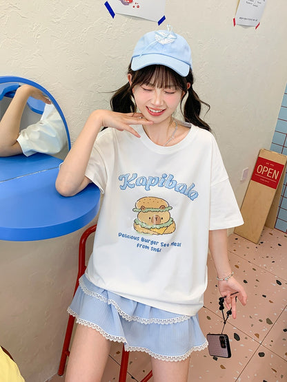 Neck White Round Long Capybara Burger Print T-Shirt Version