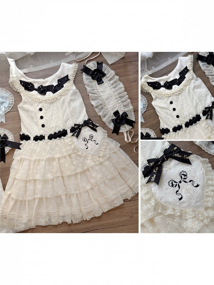 Timeless Beige & Black Lolita JSK Gown with Heart Waist Pouch and Delicate Lace - Miss Cube Dressworks