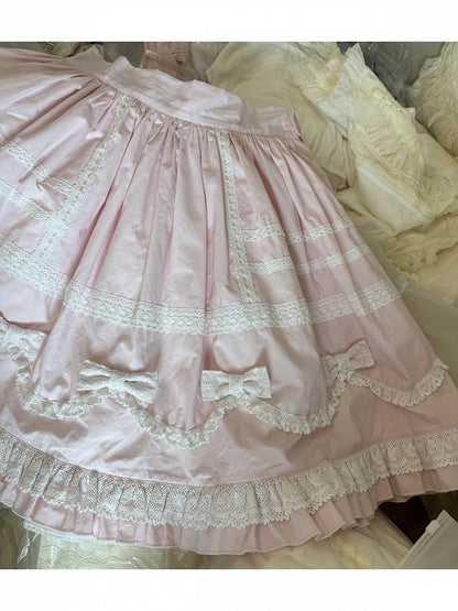 Pink & White Lace-Trimmed Skirt with Bow Accents - Hana Studio