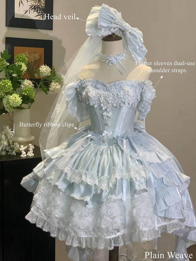 Hime Basque Flower Lace Layered Fluffy Lolita Dress Blooming with Blue Accents Waist | Sheer Ocean