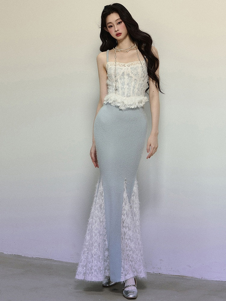 ブルークロシェレースコルセットボディスレースパッチワークマーメイドスカートマキシドレス