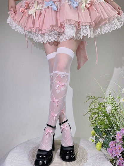 White and Pink Bow Semi-sheer Over Knee Stockings