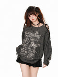 Gray Slouchy Cutout Top: Shoulder with Knit Detail Asymmetric Lace-Up