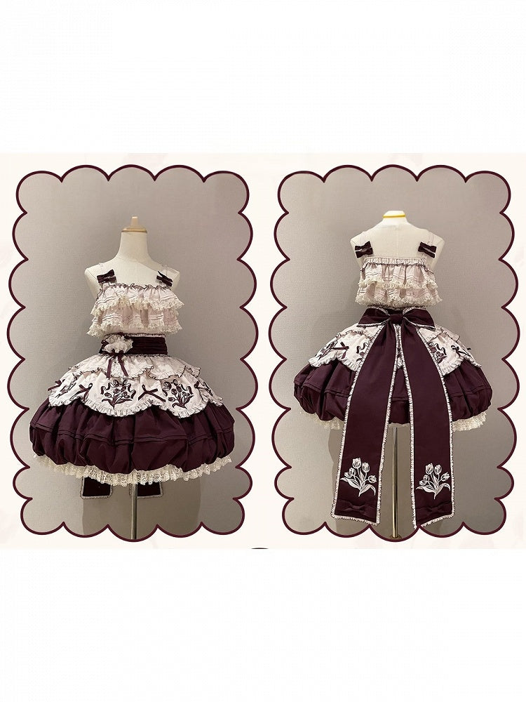 Classic Tulip Floral Embroidered Jacquard Lolita JSK Short Bubble Skirt Dress - Whispering Roses