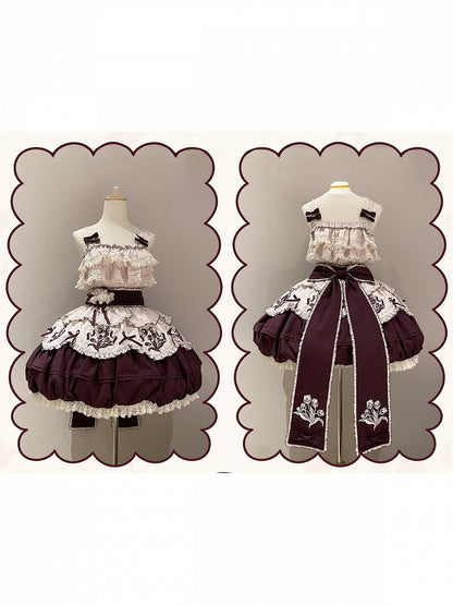 Classic Tulip Floral Embroidered Jacquard Lolita JSK Short Bubble Skirt Dress - Whispering Roses