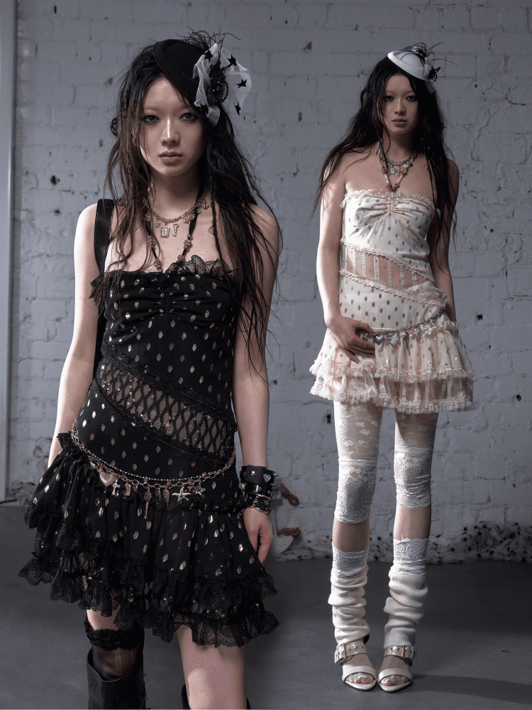 Beige/Black Neck Waist Polka-dot Vintage Halter Lace Patches