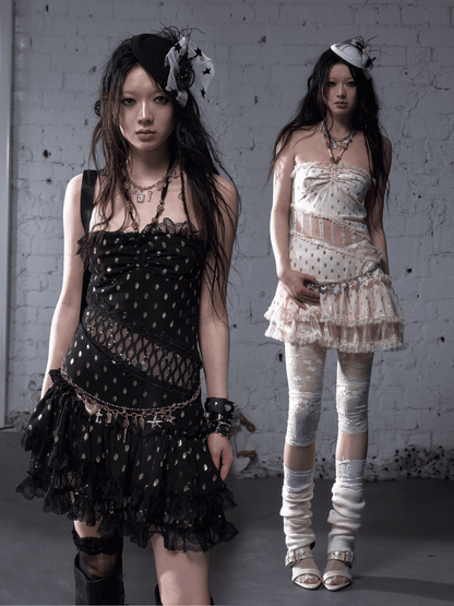 Beige/Black Neck Waist Polka-dot Vintage Halter Lace Patches