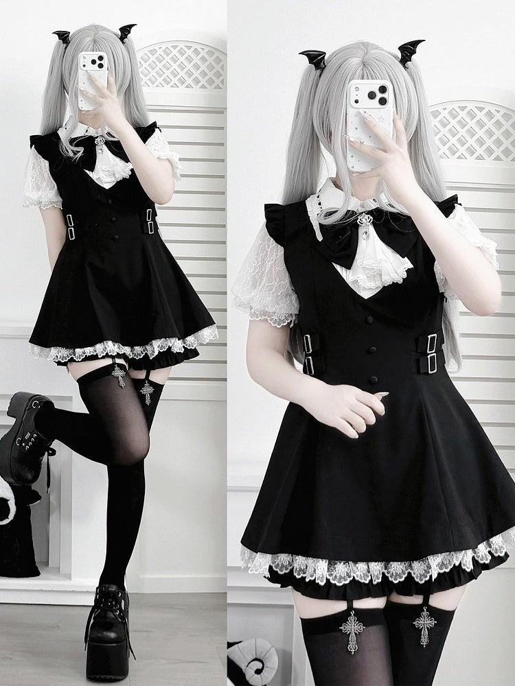 Jabot Black Jirai-Kei Plaid Short Sleeve Gown with Lace Bow Accents + Matching Shorts Set - Puzzles