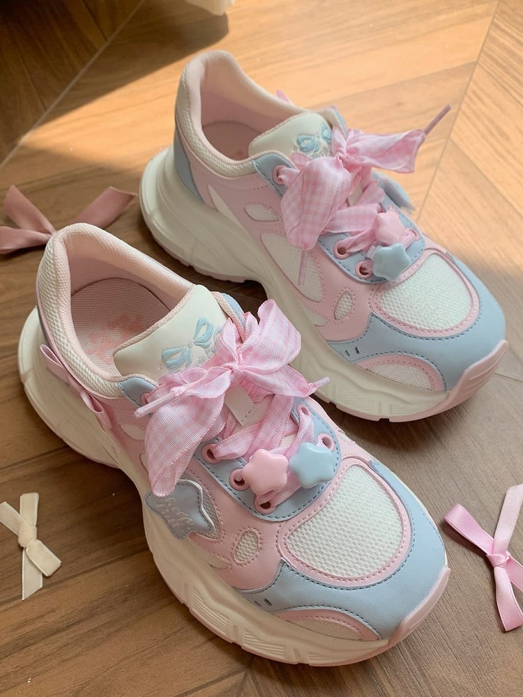 Sneakers Lolita Pink Pattern Plaid Sweet - Lace-Up Blue Closure