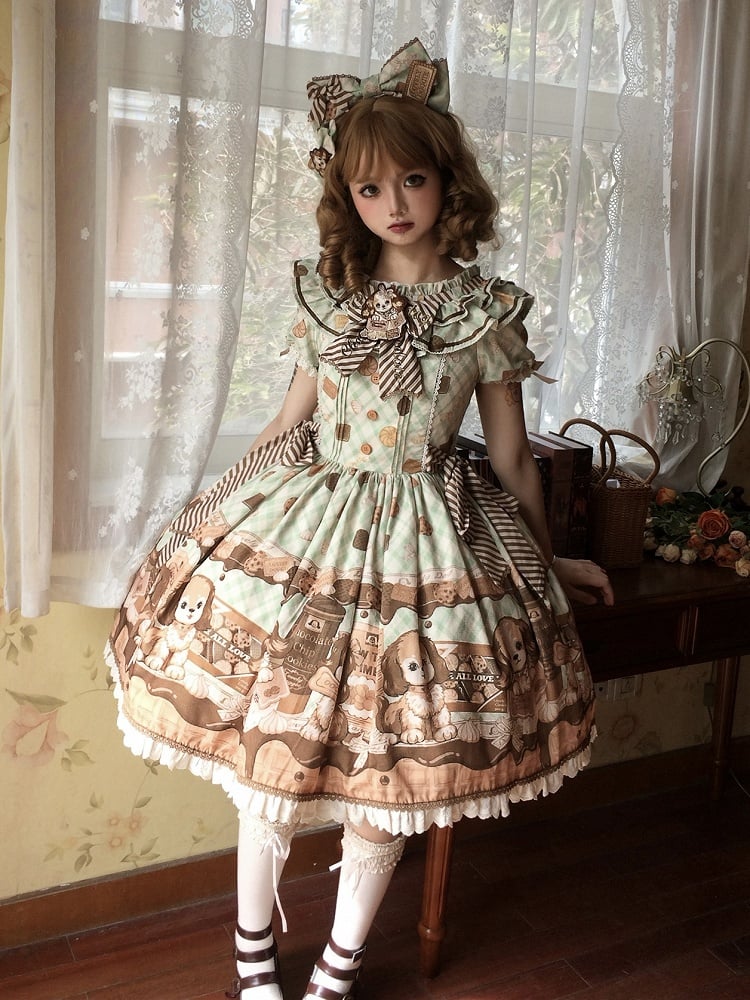 Süßes Lolita-Kleid mit kurzen Ärmeln in Grün von Puppy and Biscuit