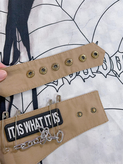 カーキ スケルトン アップリケ チェーン パンク ウエストバッグ