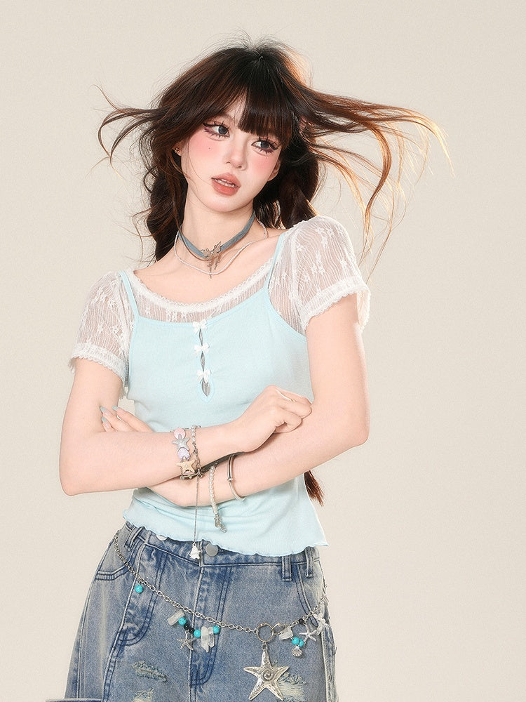 Mint Blue Slim-fitting Set Cami Top Cropped T-shirt Glamorous with Lace