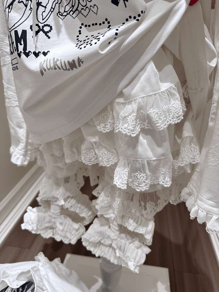 Bloomers Jirai Lace Trim with Alternative Crown-Embroidered - Detachable Fashion Garter Tiered Kei White