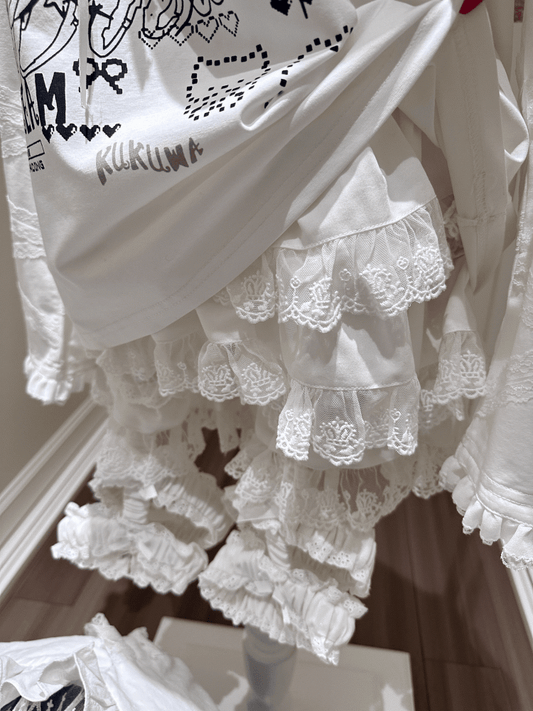 Bloomers Jirai Lace Trim with Alternative Crown-Embroidered - Detachable Fashion Garter Tiered Kei White