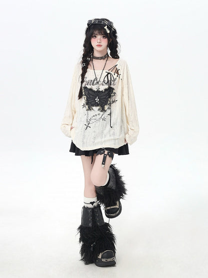 ホールトップ、ヴィンテージバタフライアップリケ、レースアップネックライン、アプリコット、ダメージ加工