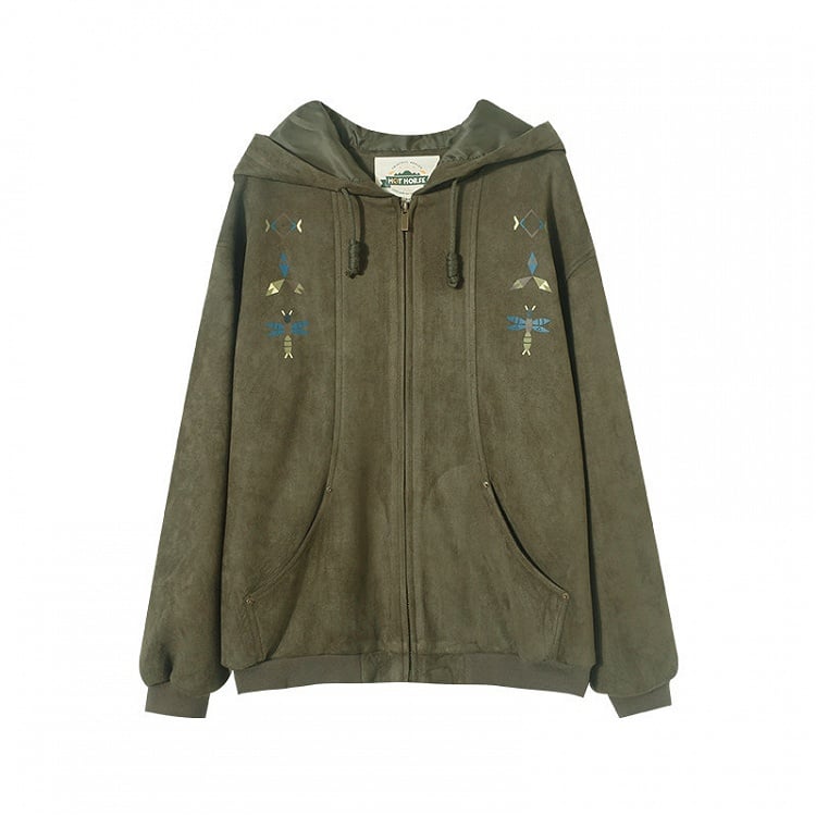 Ribbed Trim with Green Hood Vintage Print Hoodie Drawstring