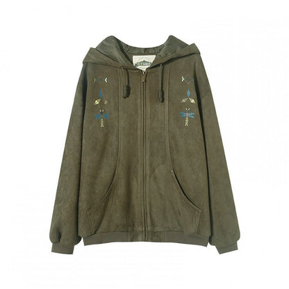 Ribbed Trim with Green Hood Vintage Print Hoodie Drawstring