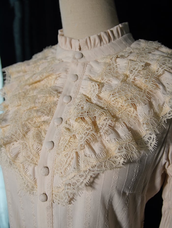 Beige Sleeves Ruffle Blouse Neckline Leg-of-Mutton