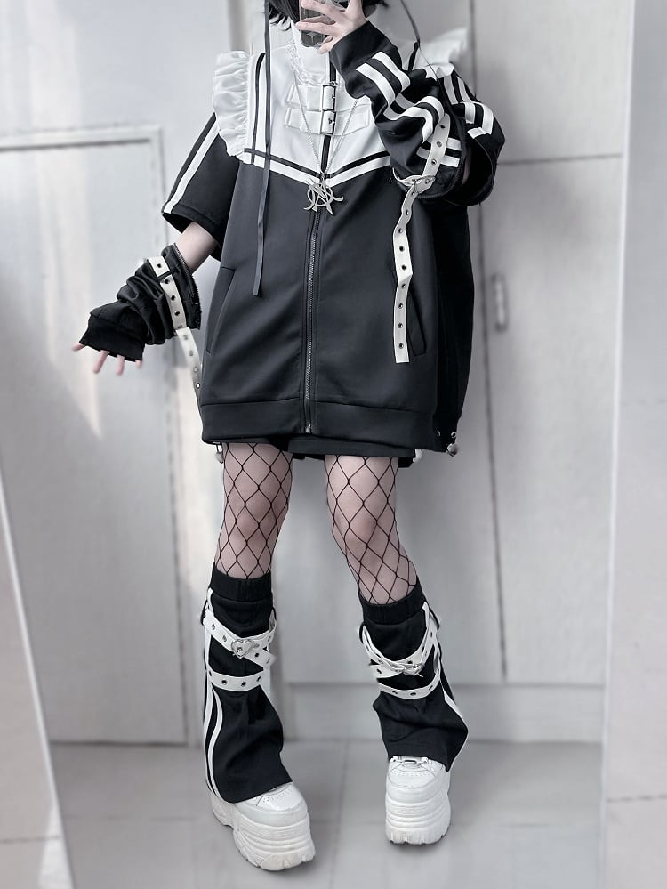 Detachable Kei Buckle with Leg White Warmers Jirai Cross Flared Strap Black
