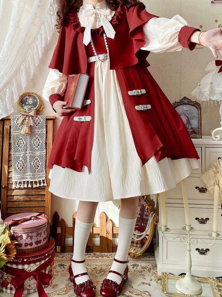 Lolita Dress Design Collar Sleeves Long and Cape Beige Red Banded