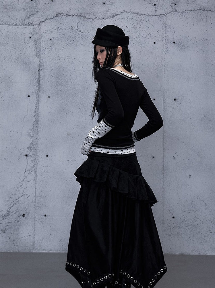 Rock Black Print Details V-neck - Top Punk Shoulder Button Sleeve Long Number